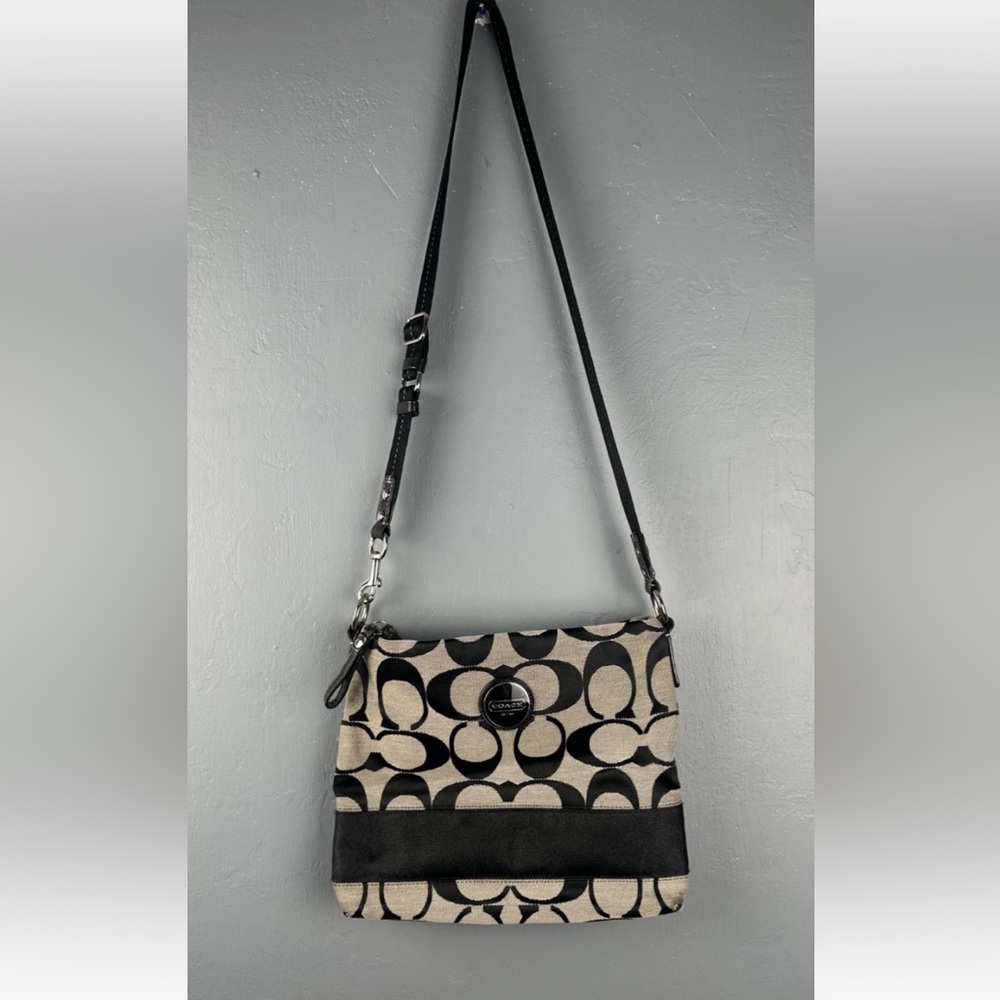 COACH Vintage Black Signature Stripe Canvas Shoulder Bag